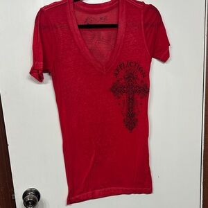 Affliction Women's Red Graphic V-Neck Tee